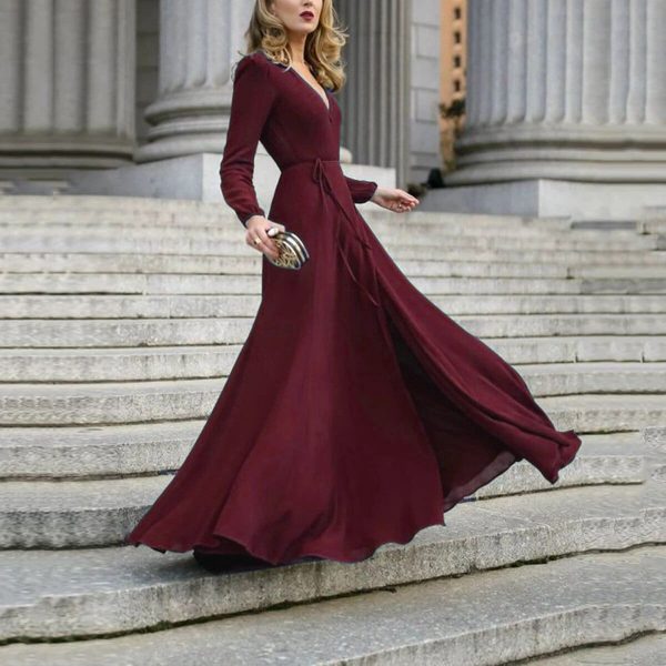 The Best Vintage Formal Dress Women Lady V Neck Long Sleeve Maxi Dress Autumn Winter Evening Party Wedding Prom Gown Dress Online - Takalr