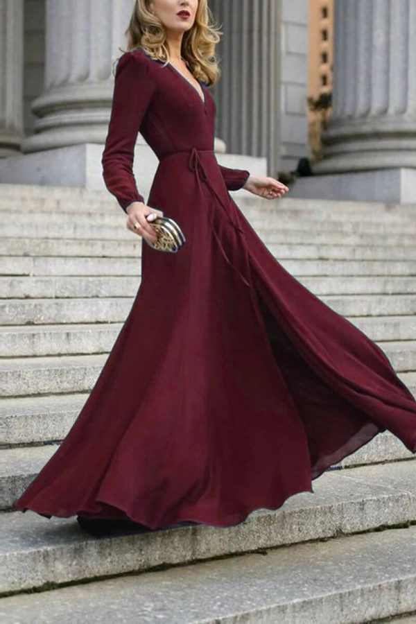 The Best Vintage Formal Dress Women Lady V Neck Long Sleeve Maxi Dress Autumn Winter Evening Party Wedding Prom Gown Dress Online - Takalr