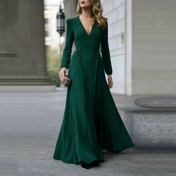 The Best Vintage Formal Dress Women Lady V Neck Long Sleeve Maxi Dress Autumn Winter Evening Party Wedding Prom Gown Dress Online - Takalr