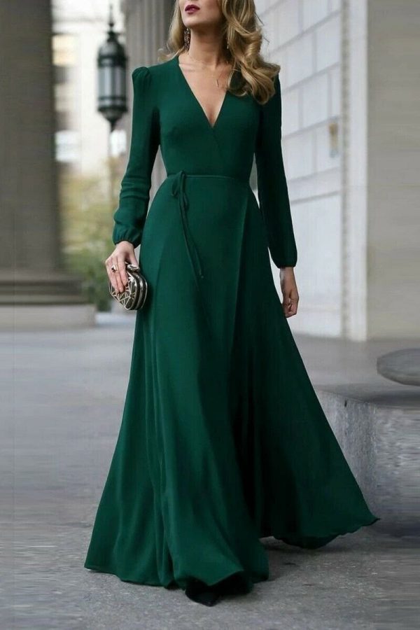 The Best Vintage Formal Dress Women Lady V Neck Long Sleeve Maxi Dress Autumn Winter Evening Party Wedding Prom Gown Dress Online - Takalr