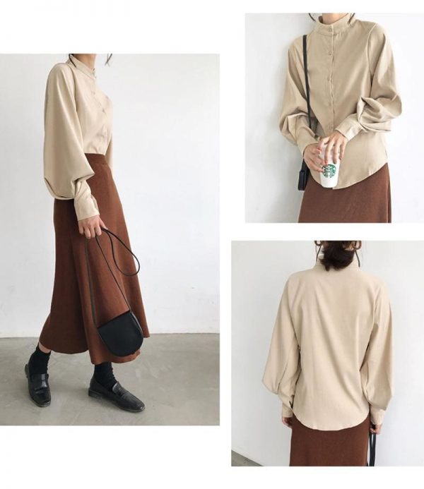 The Best Vintage Lantern Sleeve Autumn Winter Thicken Women Blouses Online - Takalr