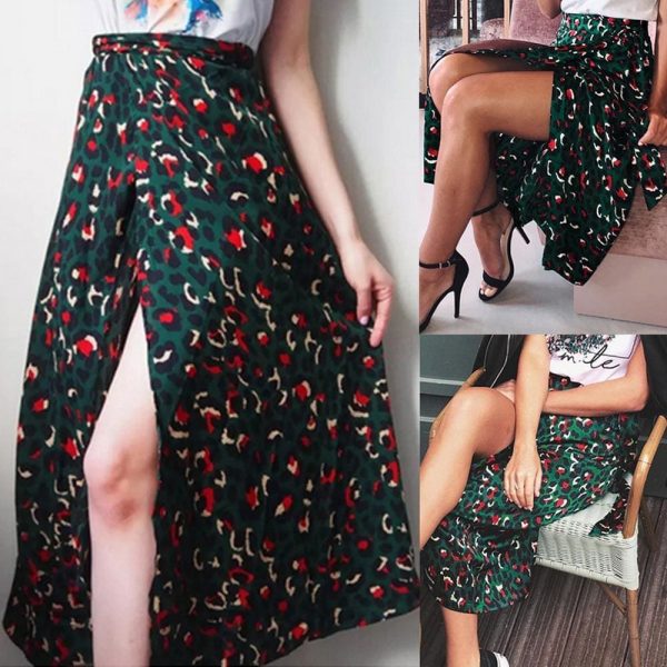 The Best Vintage Leopard Print Long Skirts Women High Waist Midi Skirt Bow Tie Summer Split Wrap Skirt Ladies Green Beach Online - Takalr