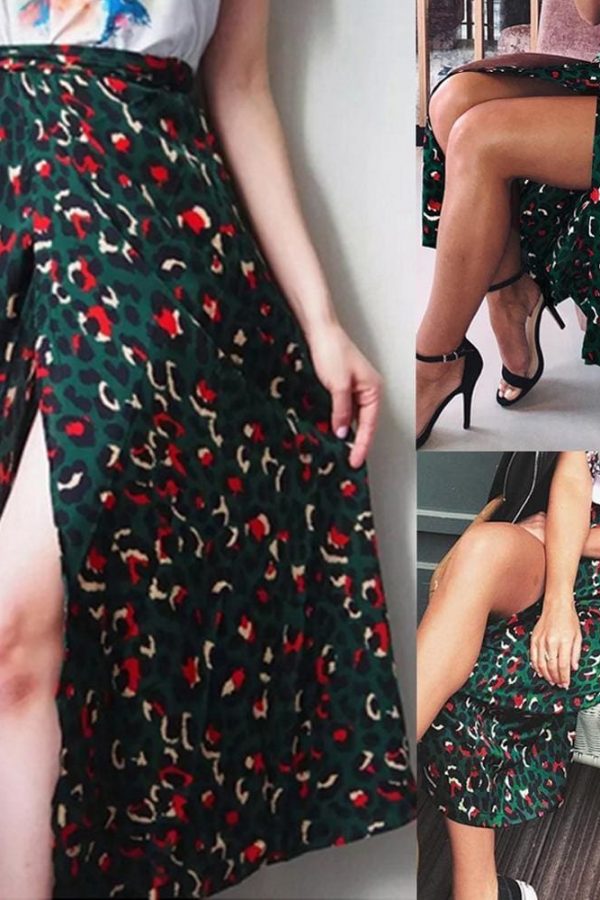 The Best Vintage Leopard Print Long Skirts Women High Waist Midi Skirt Bow Tie Summer Split Wrap Skirt Ladies Green Beach Online - Takalr