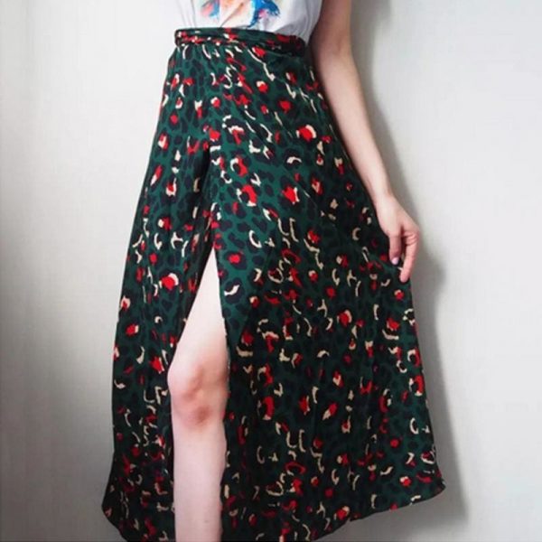 The Best Vintage Leopard Print Long Skirts Women High Waist Midi Skirt Bow Tie Summer Split Wrap Skirt Ladies Green Beach Online - Takalr