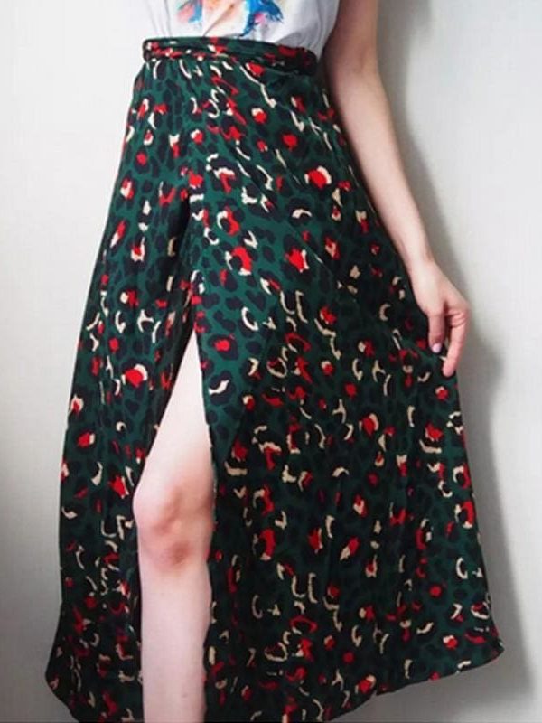 The Best Vintage Leopard Print Long Skirts Women High Waist Midi Skirt Bow Tie Summer Split Wrap Skirt Ladies Green Beach Online - Takalr