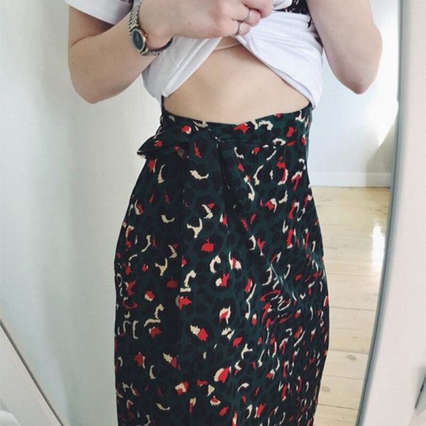 The Best Vintage Leopard Print Long Skirts Women High Waist Midi Skirt Bow Tie Summer Split Wrap Skirt Ladies Green Beach Online - Takalr