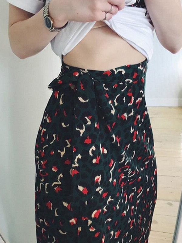 The Best Vintage Leopard Print Long Skirts Women High Waist Midi Skirt Bow Tie Summer Split Wrap Skirt Ladies Green Beach Online - Takalr