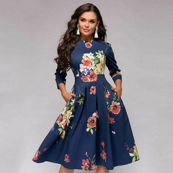 The Best Vintage pleated tunic print dress women Elegant ladies A line dresses Long sleeve female autumn mixi party dress vestidos Online - Takalr