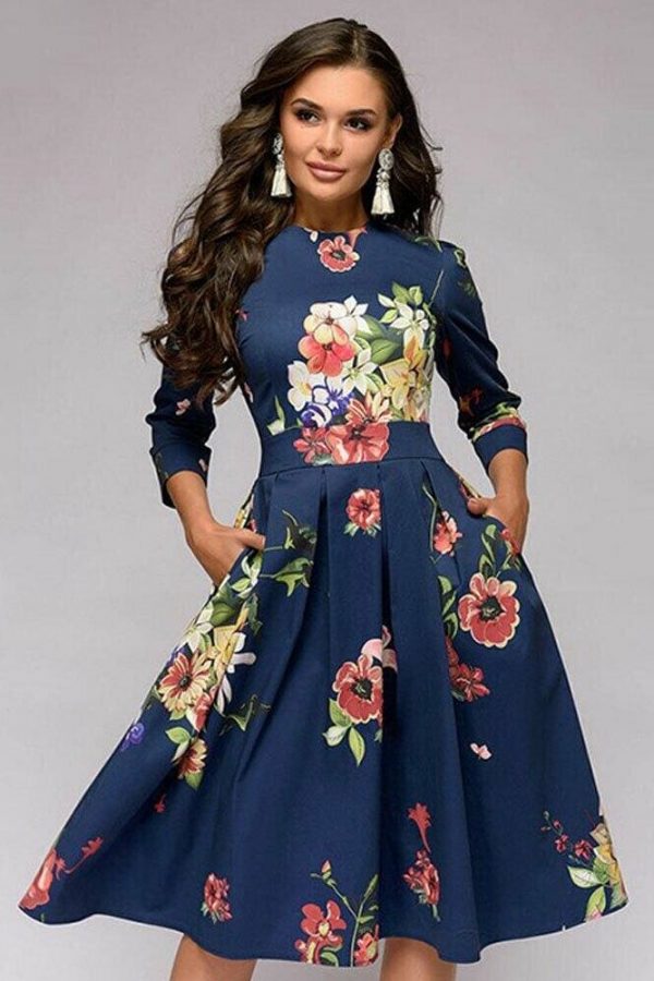 The Best Vintage pleated tunic print dress women Elegant ladies A line dresses Long sleeve female autumn mixi party dress vestidos Online - Takalr