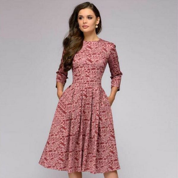 The Best Vintage pleated tunic print dress women Elegant ladies A line dresses Long sleeve female autumn mixi party dress vestidos Online - Takalr