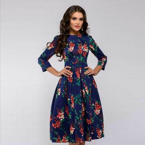 The Best Vintage pleated tunic print dress women Elegant ladies A line dresses Long sleeve female autumn mixi party dress vestidos Online - Takalr