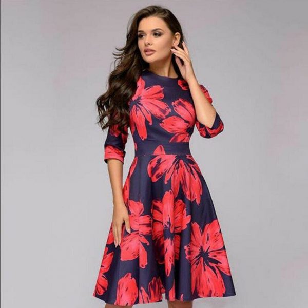 The Best Vintage pleated tunic print dress women Elegant ladies A line dresses Long sleeve female autumn mixi party dress vestidos Online - Takalr