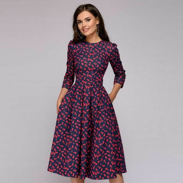 The Best Vintage pleated tunic print dress women Elegant ladies A line dresses Long sleeve female autumn mixi party dress vestidos Online - Takalr