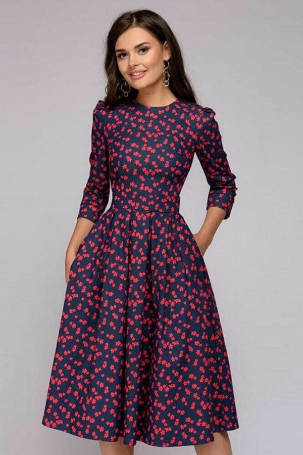 The Best Vintage pleated tunic print dress women Elegant ladies A line dresses Long sleeve female autumn mixi party dress vestidos Online - Takalr