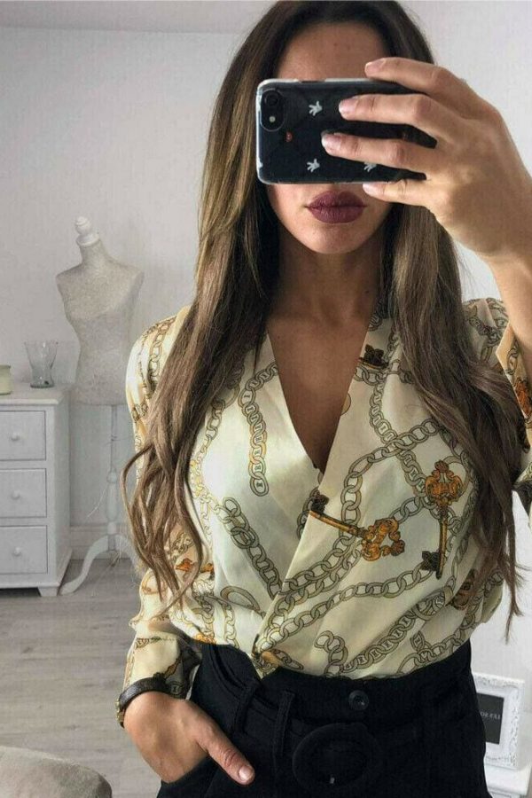 The Best Vintage Silk Rompers Womens Jumpsuit Long Sleeve Chain Print Top Shirt Ladies Deep V Neck Key Printed Sexy Satin Bodysuits Online - Takalr