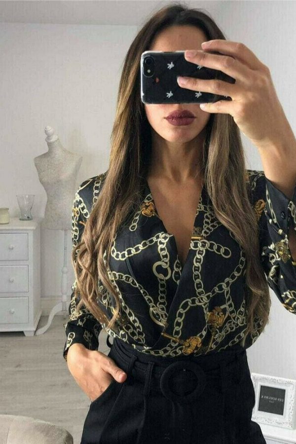 The Best Vintage Silk Rompers Womens Jumpsuit Long Sleeve Chain Print Top Shirt Ladies Deep V Neck Key Printed Sexy Satin Bodysuits Online - Takalr