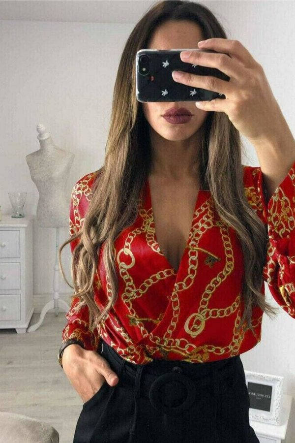 The Best Vintage Silk Rompers Womens Jumpsuit Long Sleeve Chain Print Top Shirt Ladies Deep V Neck Key Printed Sexy Satin Bodysuits Online - Takalr