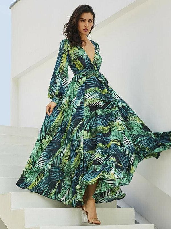 The Best Vintage Women Boho Floral V-Neck Long Maxi Dress Summer Beach Elegant Ladies Casual Long Sleeve Holiday Party Sundress Online - Takalr