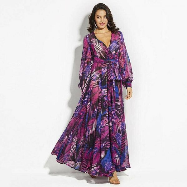 The Best Vintage Women Boho Floral V-Neck Long Maxi Dress Summer Beach Elegant Ladies Casual Long Sleeve Holiday Party Sundress Online - Takalr