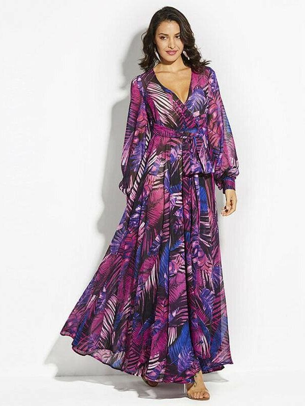 The Best Vintage Women Boho Floral V-Neck Long Maxi Dress Summer Beach Elegant Ladies Casual Long Sleeve Holiday Party Sundress Online - Takalr