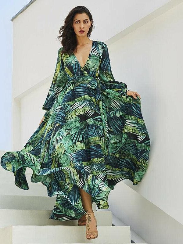 The Best Vintage Women Boho Floral V-Neck Long Maxi Dress Summer Beach Elegant Ladies Casual Long Sleeve Holiday Party Sundress Online - Takalr