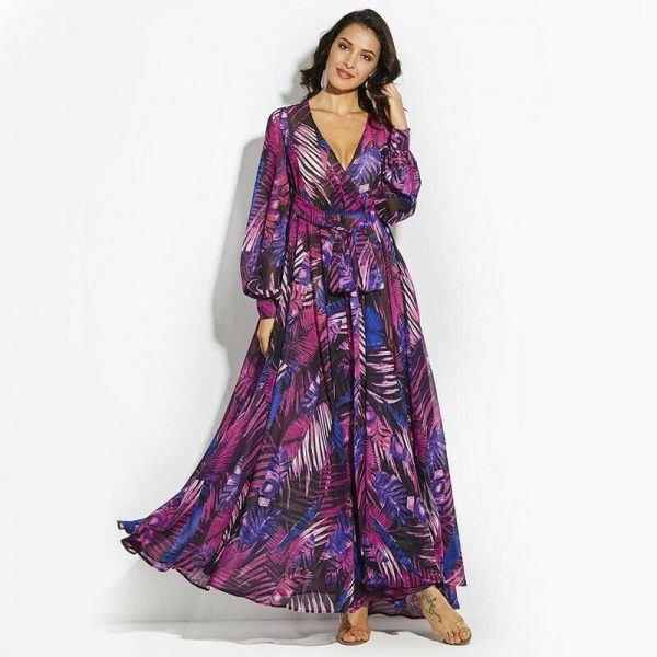 The Best Vintage Women Boho Floral V-Neck Long Maxi Dress Summer Beach Elegant Ladies Casual Long Sleeve Holiday Party Sundress Online - Takalr