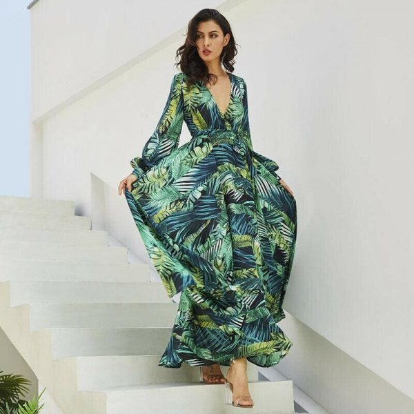 The Best Vintage Women Boho Floral V-Neck Long Maxi Dress Summer Beach Elegant Ladies Casual Long Sleeve Holiday Party Sundress Online - Takalr