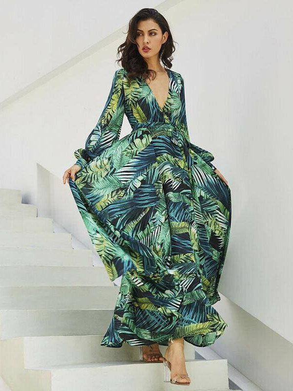 The Best Vintage Women Boho Floral V-Neck Long Maxi Dress Summer Beach Elegant Ladies Casual Long Sleeve Holiday Party Sundress Online - Takalr