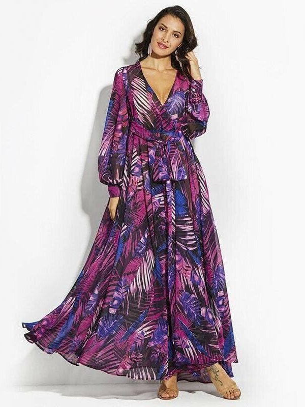 The Best Vintage Women Boho Floral V-Neck Long Maxi Dress Summer Beach Elegant Ladies Casual Long Sleeve Holiday Party Sundress Online - Takalr