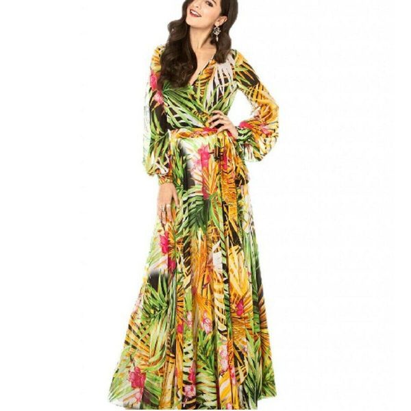 The Best Vintage Women Boho Floral V-Neck Long Maxi Dress Summer Beach Elegant Ladies Casual Long Sleeve Holiday Party Sundress Online - Takalr