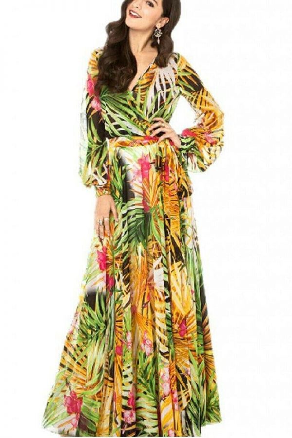 The Best Vintage Women Boho Floral V-Neck Long Maxi Dress Summer Beach Elegant Ladies Casual Long Sleeve Holiday Party Sundress Online - Takalr