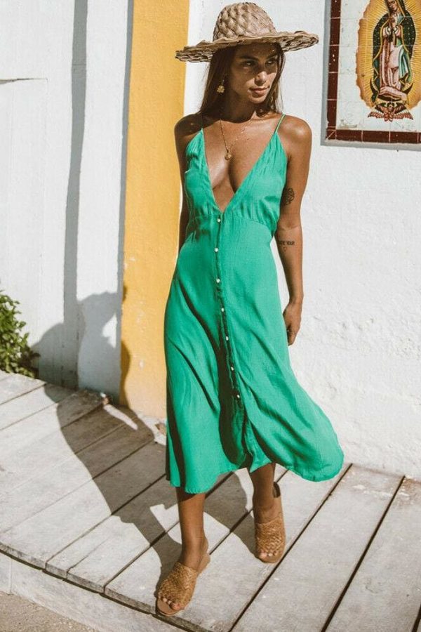 The Best Vintage Women Boho Long Maxi Dress Sexy Ladies V-Neck Backless Summer Beach Strappy Party Casual Button Sundress Online - Takalr