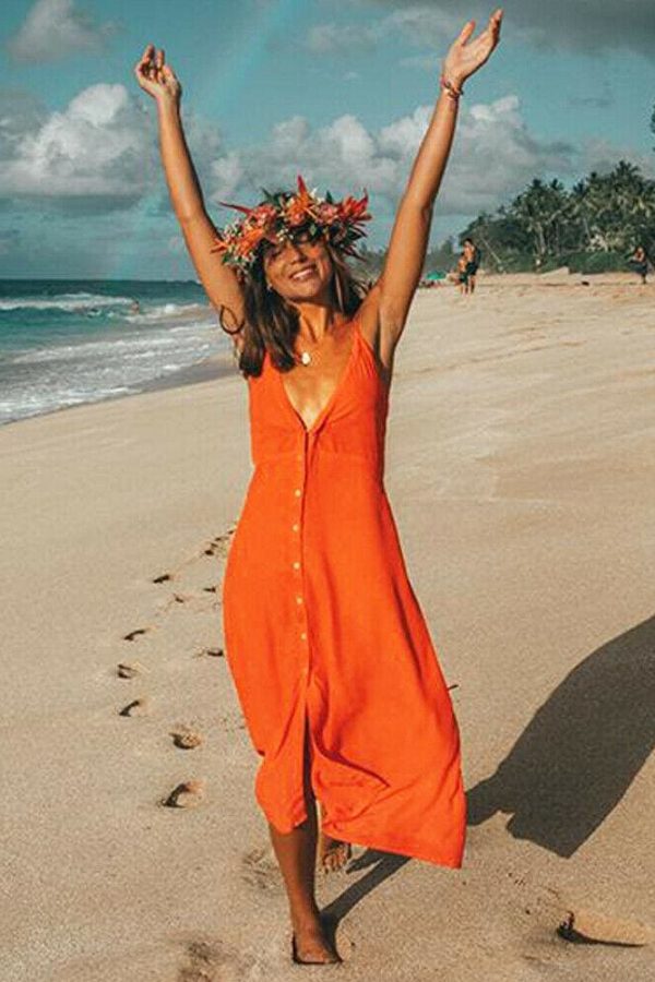 The Best Vintage Women Boho Long Maxi Dress Sexy Ladies V-Neck Backless Summer Beach Strappy Party Casual Button Sundress Online - Takalr