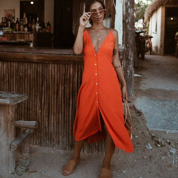 The Best Vintage Women Boho Long Maxi Dress Sexy Ladies V-Neck Backless Summer Beach Strappy Party Casual Button Sundress Online - Takalr