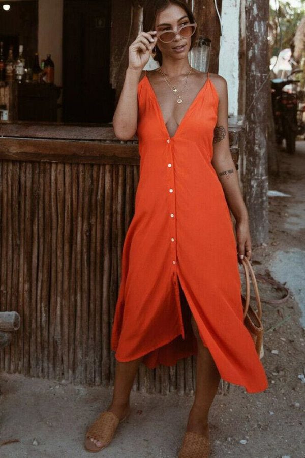 The Best Vintage Women Boho Long Maxi Dress Sexy Ladies V-Neck Backless Summer Beach Strappy Party Casual Button Sundress Online - Takalr