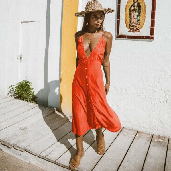 The Best Vintage Women Boho Long Maxi Dress Sexy Ladies V-Neck Backless Summer Beach Strappy Party Casual Button Sundress Online - Takalr