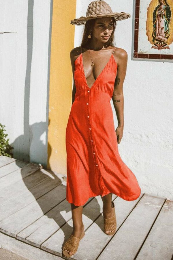 The Best Vintage Women Boho Long Maxi Dress Sexy Ladies V-Neck Backless Summer Beach Strappy Party Casual Button Sundress Online - Takalr