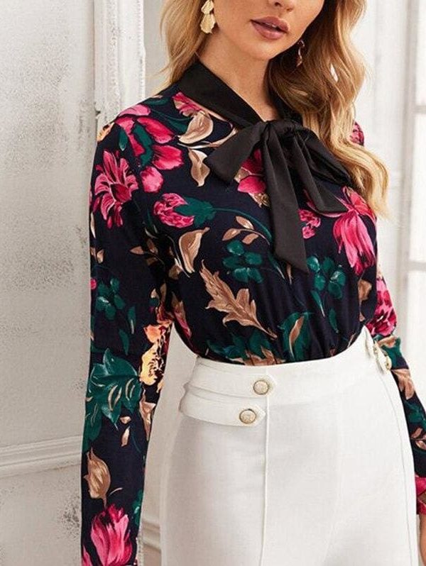 The Best Vintage Women Bow Collar Long Sleeve Shirt Blouse Bodysuit Stretch Leotard Top Floral Slim Romper Jumpsuit Online - Takalr