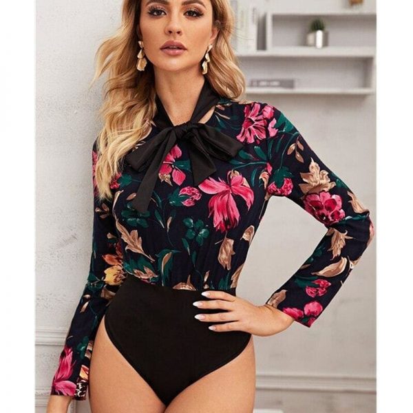 The Best Vintage Women Bow Collar Long Sleeve Shirt Blouse Bodysuit Stretch Leotard Top Floral Slim Romper Jumpsuit Online - Takalr