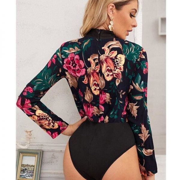 The Best Vintage Women Bow Collar Long Sleeve Shirt Blouse Bodysuit Stretch Leotard Top Floral Slim Romper Jumpsuit Online - Takalr