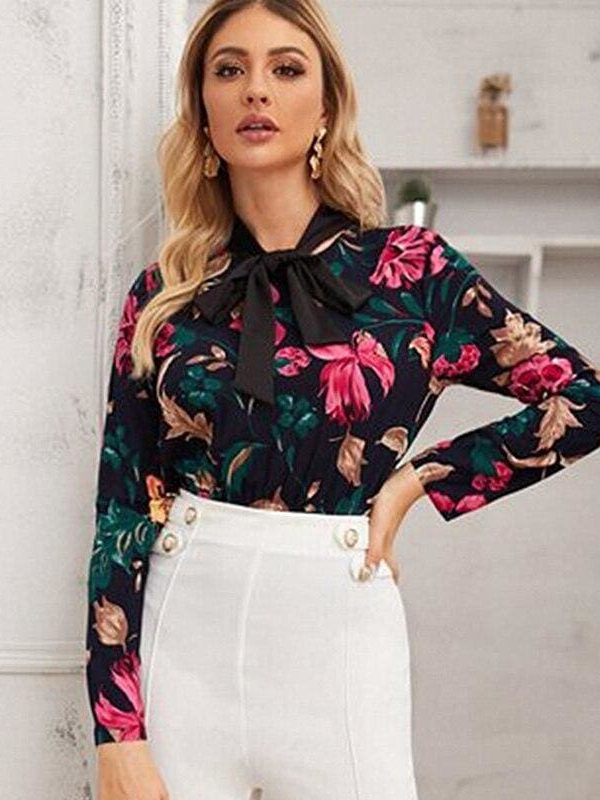 The Best Vintage Women Bow Collar Long Sleeve Shirt Blouse Bodysuit Stretch Leotard Top Floral Slim Romper Jumpsuit Online - Takalr