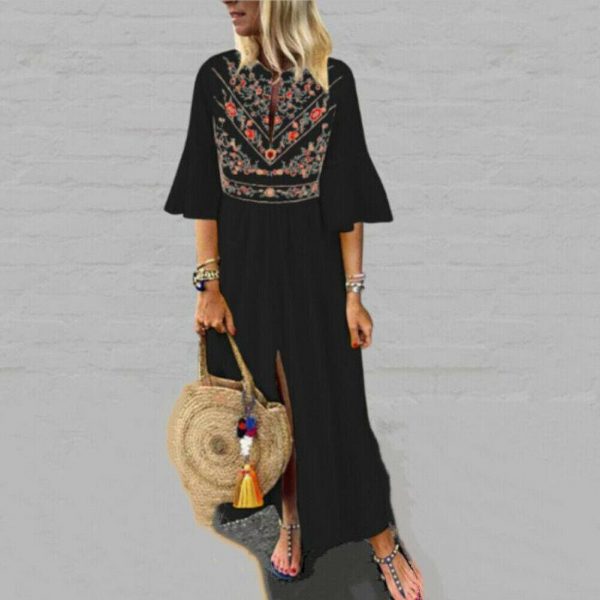 The Best Vintage Women Fashion Boho Long Maxi Dress Summer Holiday Floral Ladies Casual Short Sleeve Loose Sundress Online - Takalr