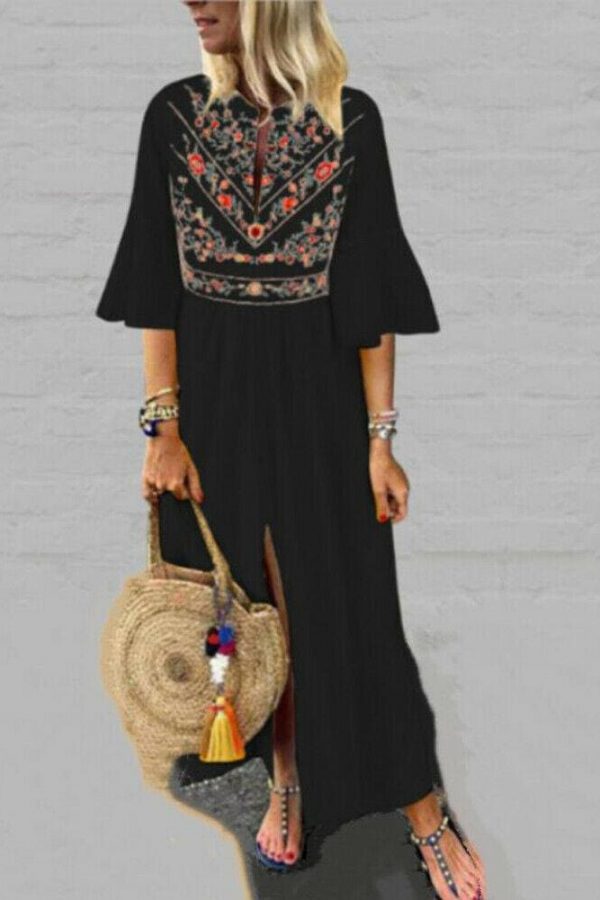 The Best Vintage Women Fashion Boho Long Maxi Dress Summer Holiday Floral Ladies Casual Short Sleeve Loose Sundress Online - Takalr