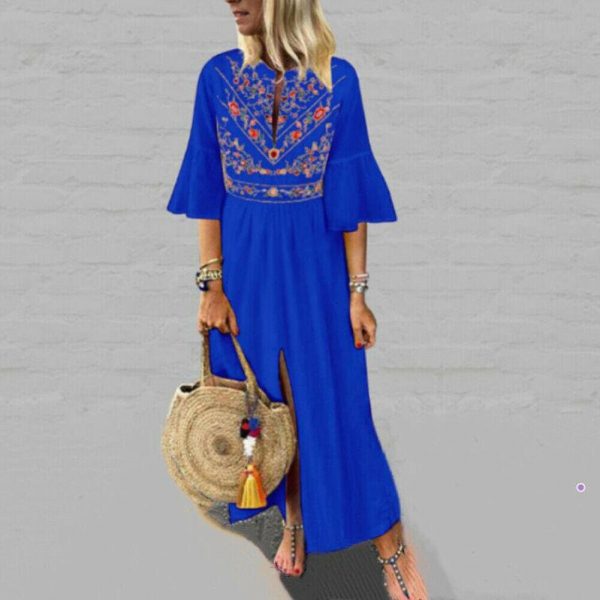 The Best Vintage Women Fashion Boho Long Maxi Dress Summer Holiday Floral Ladies Casual Short Sleeve Loose Sundress Online - Takalr