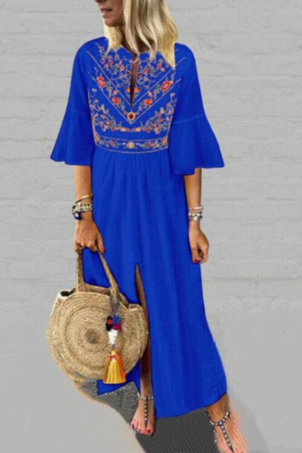 The Best Vintage Women Fashion Boho Long Maxi Dress Summer Holiday Floral Ladies Casual Short Sleeve Loose Sundress Online - Takalr