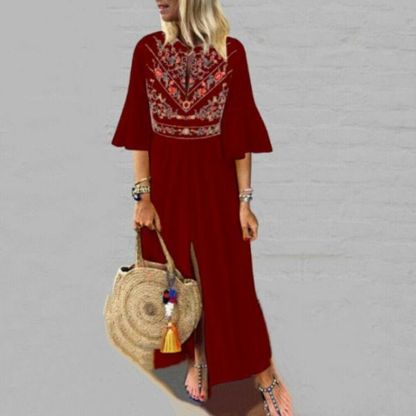 The Best Vintage Women Fashion Boho Long Maxi Dress Summer Holiday Floral Ladies Casual Short Sleeve Loose Sundress Online - Takalr