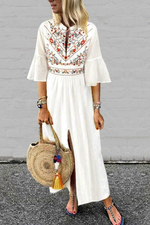 The Best Vintage Women Fashion Boho Long Maxi Dress Summer Holiday Floral Ladies Casual Short Sleeve Loose Sundress Online - Takalr