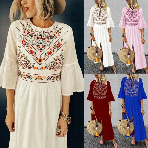 The Best Vintage Women Fashion Boho Long Maxi Dress Summer Holiday Floral Ladies Casual Short Sleeve Loose Sundress Online - Takalr