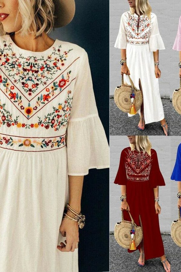 The Best Vintage Women Fashion Boho Long Maxi Dress Summer Holiday Floral Ladies Casual Short Sleeve Loose Sundress Online - Takalr