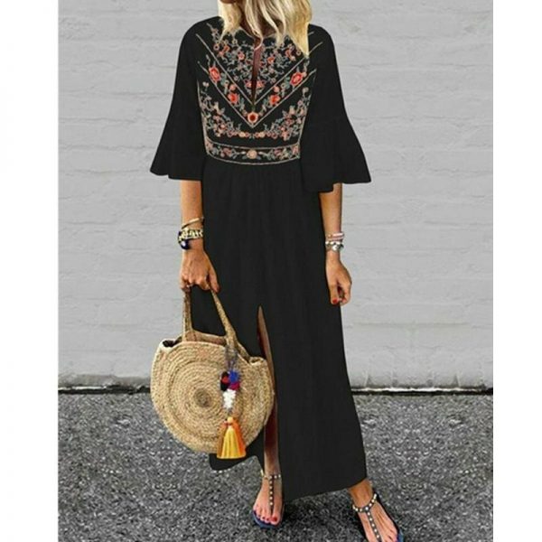 The Best Vintage Women Fashion Boho Long Maxi Dress Summer Holiday Floral Ladies Casual Short Sleeve Loose Sundress Online - Takalr